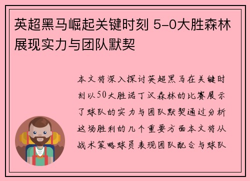 英超黑马崛起关键时刻 5-0大胜森林展现实力与团队默契 英超黑马崛起关键时刻 5-0大胜森林展现实力与团队默契