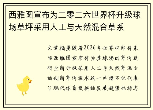 西雅图宣布为二零二六世界杯升级球场草坪采用人工与天然混合草系