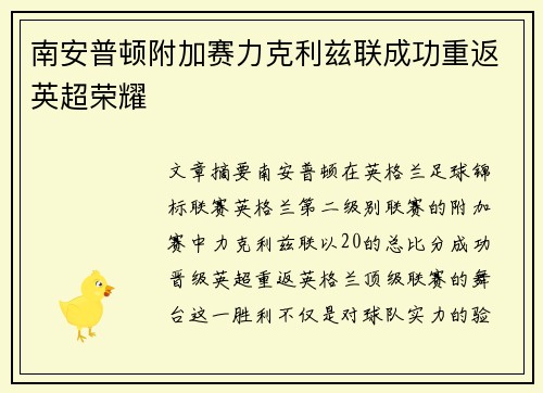 南安普顿附加赛力克利兹联成功重返英超荣耀 南安普顿附加赛力克利兹联成功重返英超荣耀